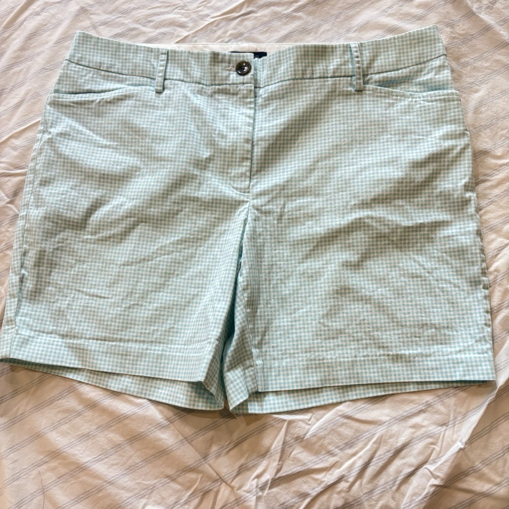 Lands' End Chino Women's Shorts Size 16 Flat Front Mid Rise Blue & White Checks